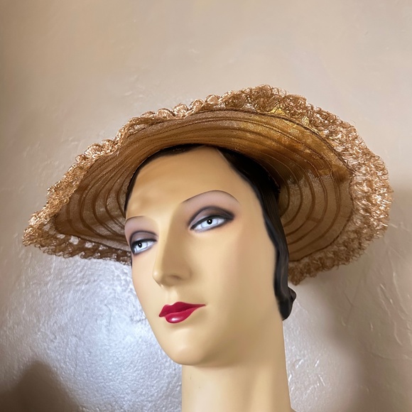 LOVELY LATE 1920s\' GOLD SHEER FABRIC WIDE BRIM HAT + DETAILED EDGING  ON BRIM main image 8